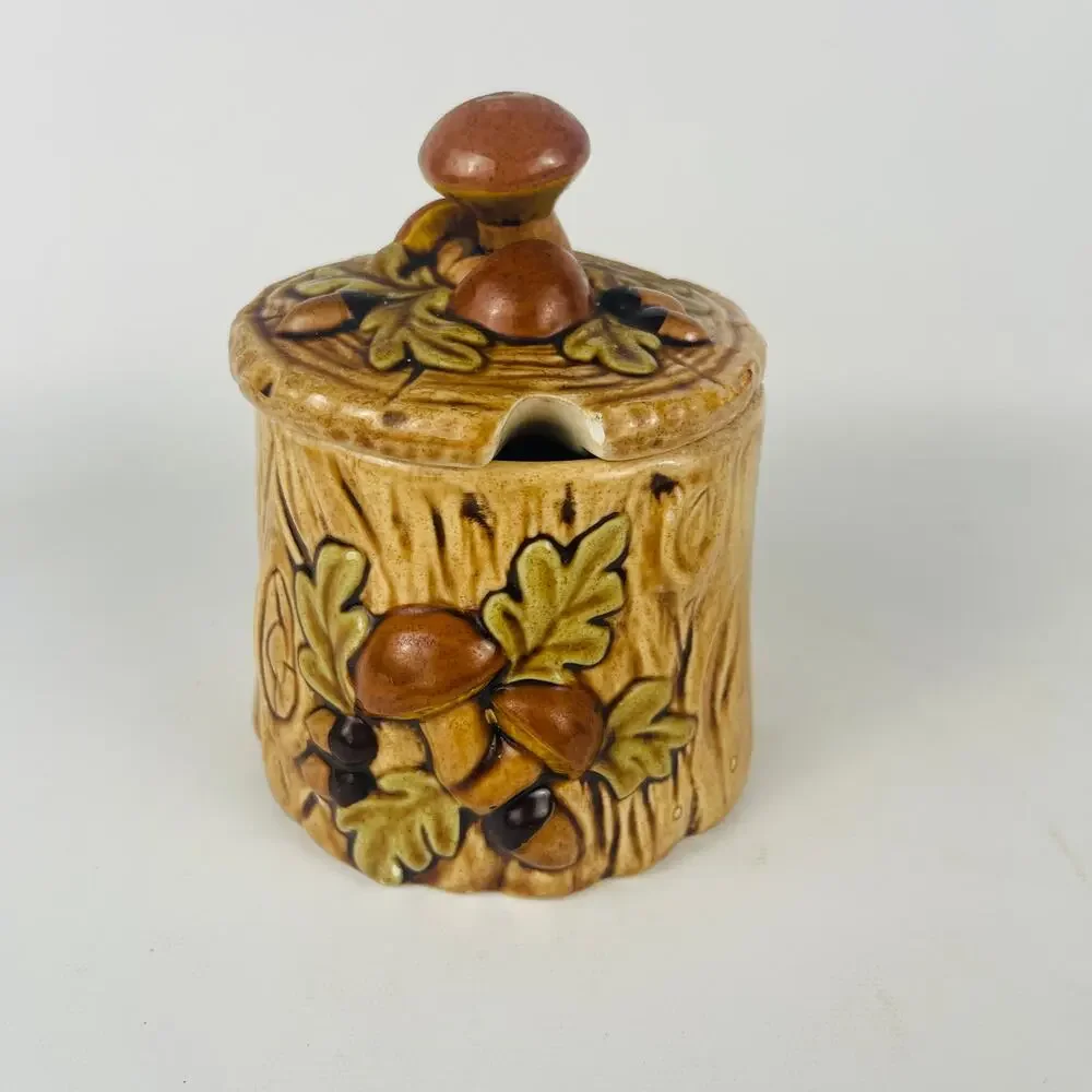 Lefton Mushroom Forest Ceramic Sugar Bowl Jar 3D Stump Design Acorns
